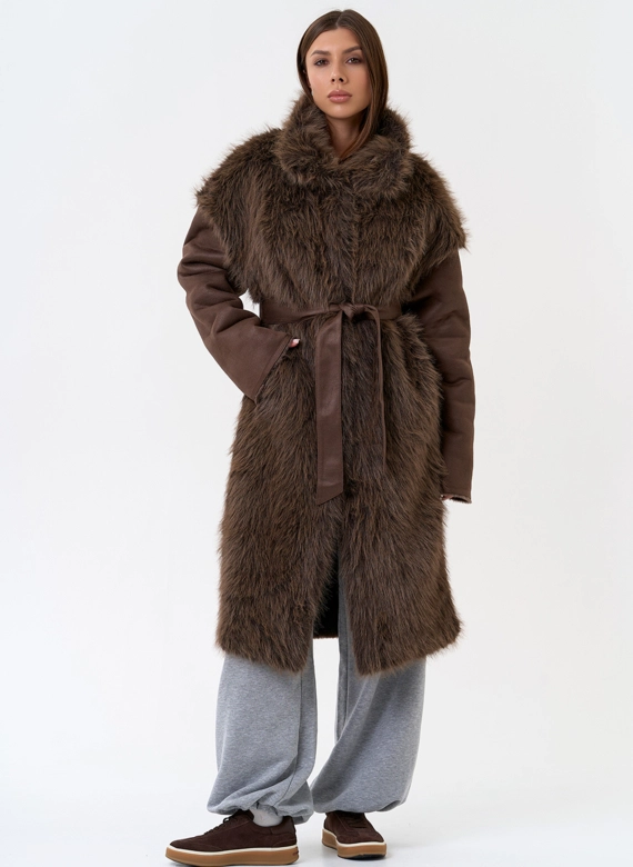 Женская дубленка из эко замши с отделкой из эко меха