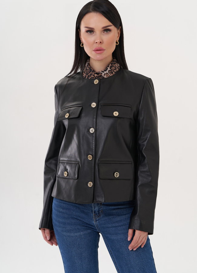 Жакет из натуральной кожи с акцентными пуговицами модель № 500120 универмаг малина