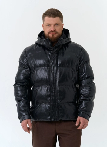 Мужской пуховик из эко кожи с капюшоном фото