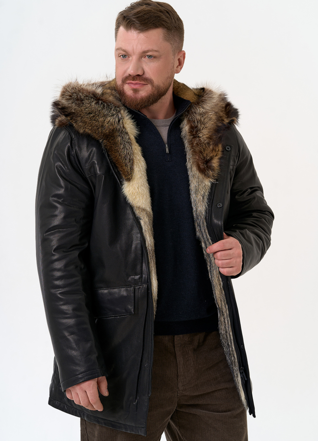 Мужская куртка с капюшоном на мехе из волка модель № 31780 универмаг малина