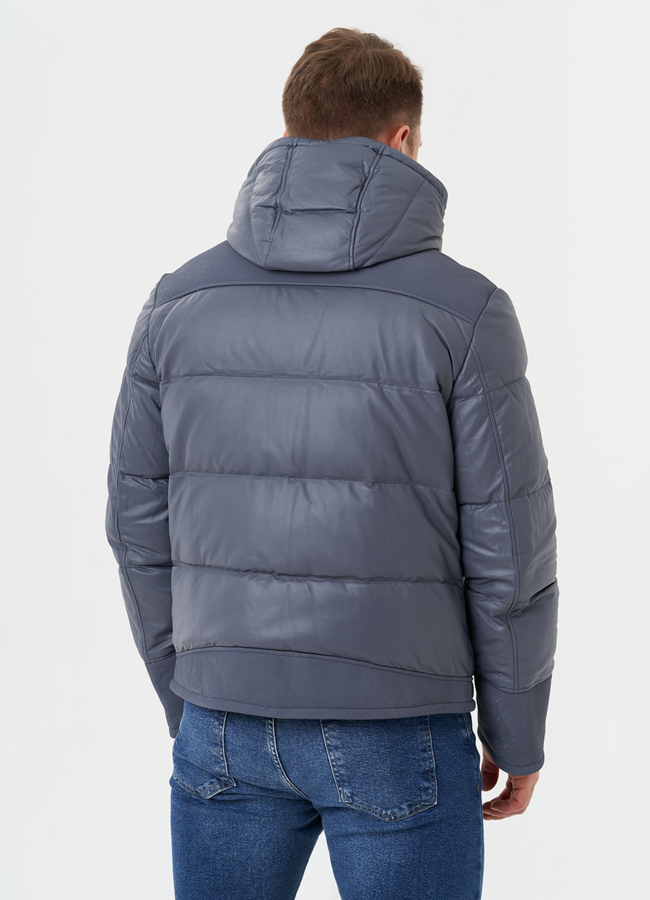 Пуховик из натуральной кожи с капюшоном модель № 28578 в кредит