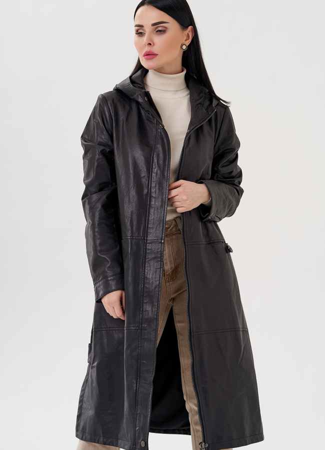 Длинный кожаный плащ с капюшоном модель № 24094 универмаг малина