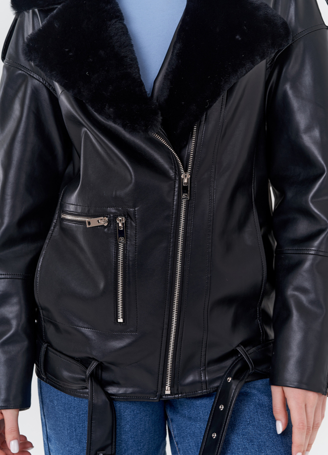 Куртка-косуха из эко кожи на утеплителе с натуральным мутоном модель № 24213 в рассрочку