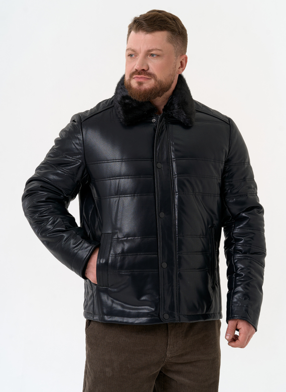 Пуховик из эко кожи с воротником стойкой