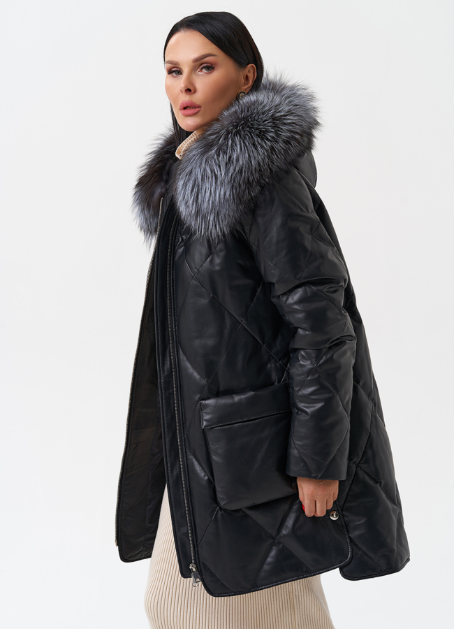 Женский кожаный пуховик с капюшоном модель № 28908 в кредит