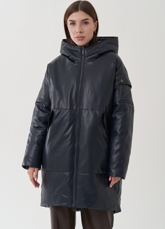 фото Женский пуховик синего цвета из эко кожи модель № 25332