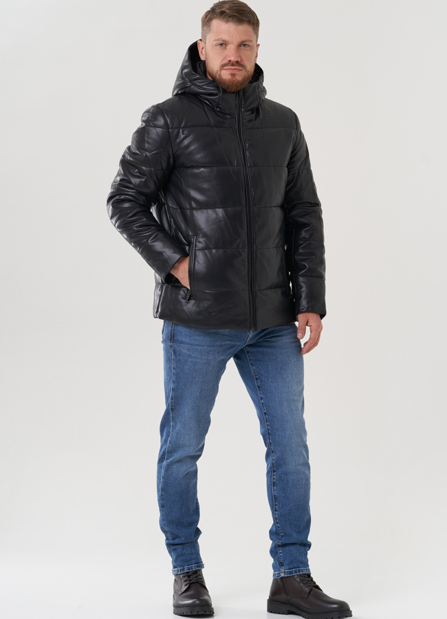 фото Пуховик мужской из эко кожи с капюшоном  модель № 81843