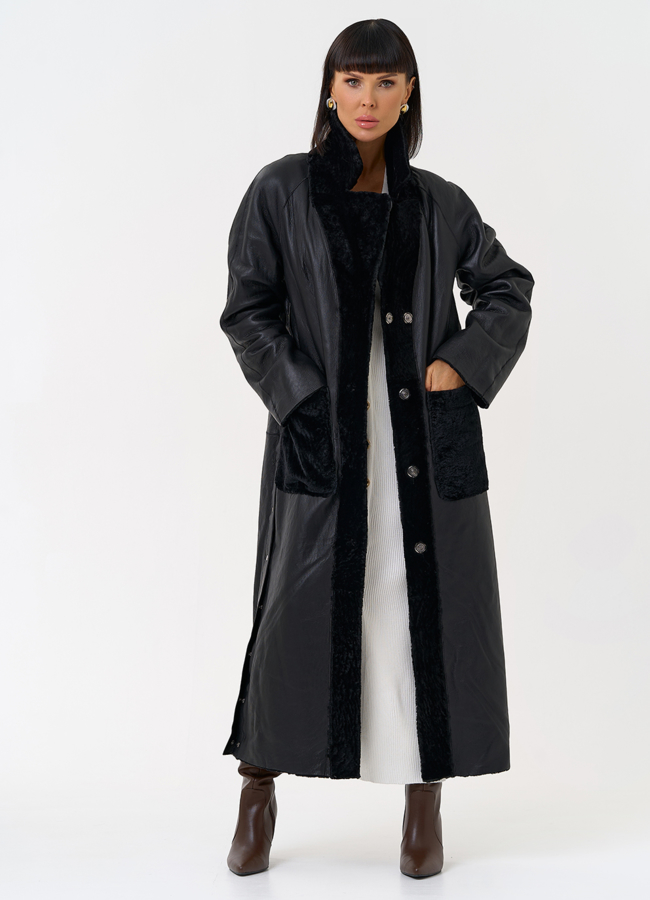 Женская двухсторонняя дубленка с английским воротником модель № 31625 меха малина