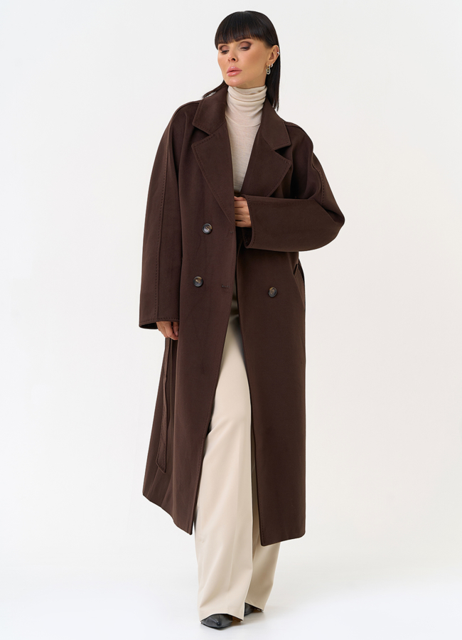 Женское двубортное пальто с поясом модель № 31555 меха малина