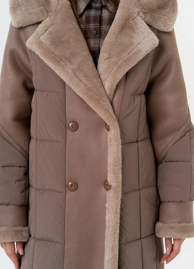 Комбинированный пуховик из эко кожи модель № 31693 универмаг малина