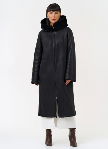 Натуральная двухсторонняя дубленка с капюшоном