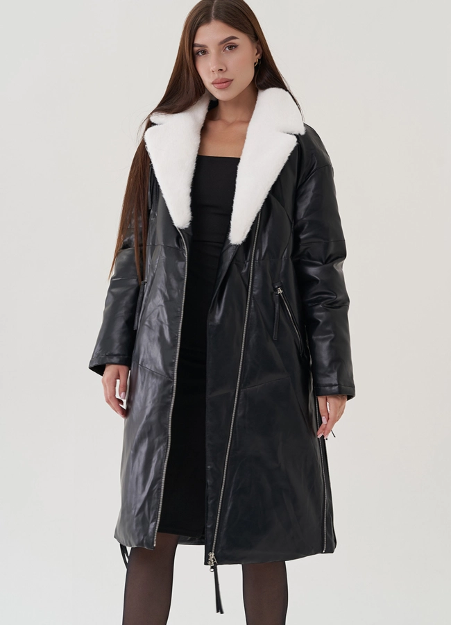 Пуховик женский из эко кожи с английским воротником модель № 25466 меха малина