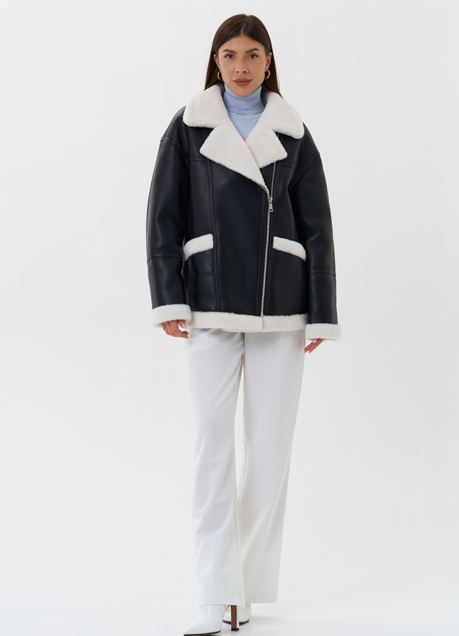 Дубленка из эко кожи черного цвета с черным эко мехом модель № 27693 в кредит