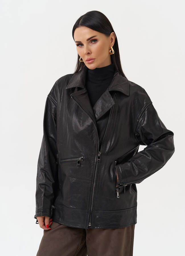 Женская косуха оверсайз черного цвета модель № 29989 меха малина