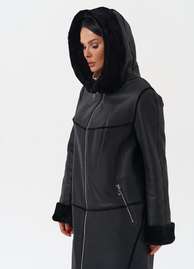 Натуральная дубленка с капюшоном модель № 28958 универмаг малина