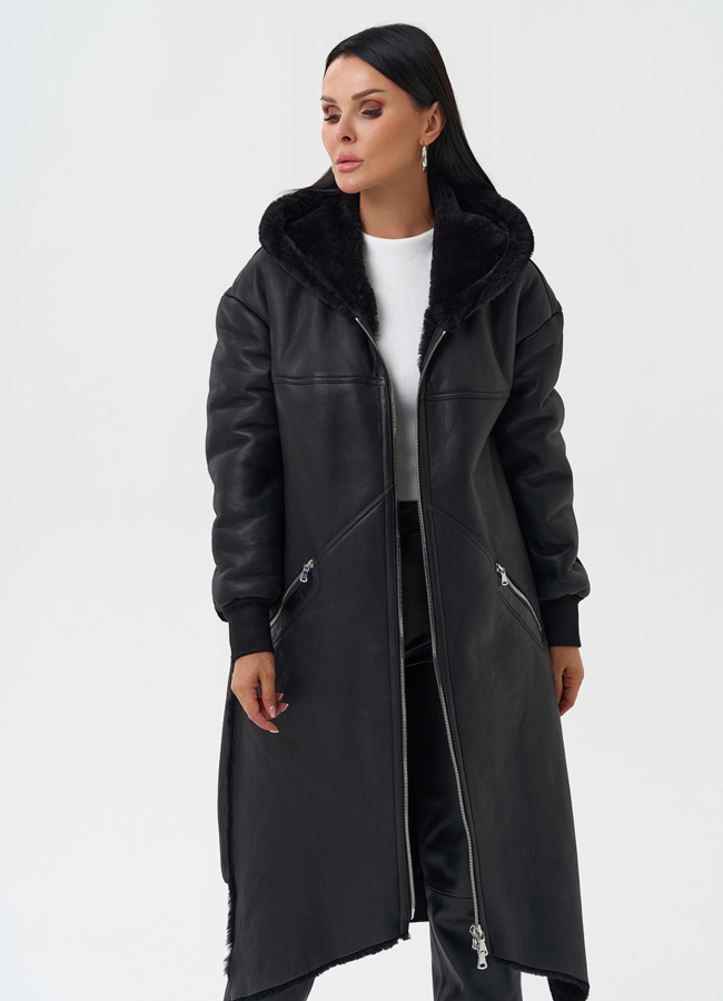 Натуральная дубленка с капюшоном модель № 28701 универмаг малина