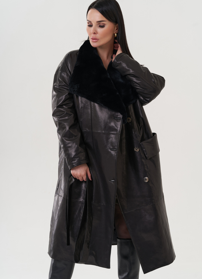 Пальто женское из натуральной кожи с отделкой из кролика  модель № 25377 универмаг малина