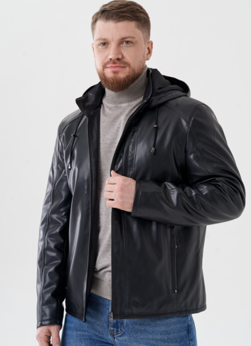 Мужская куртка из эко кожи с капюшоном 