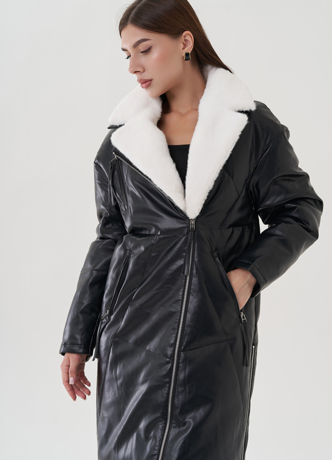 Пуховик женский из эко кожи с английским воротником модель № 25466 универмаг малина