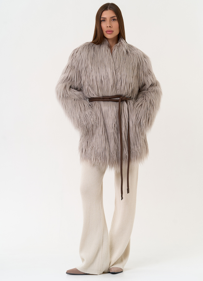 Женская шуба из эко меха с декоративным поясом модель № 31529 универмаг малина